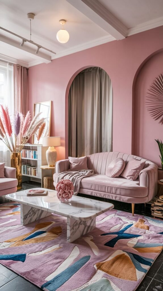 Pastel living room with pink walls, a pink sofa, marble coffee table, arched doorways, and a colorful abstract area rug.