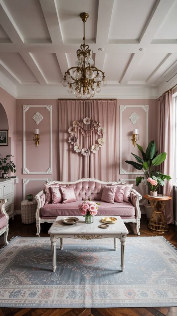 Pastel living room with pink walls, a pink sofa, marble coffee table, chandelier, floral wreath, and a pastel area rug.