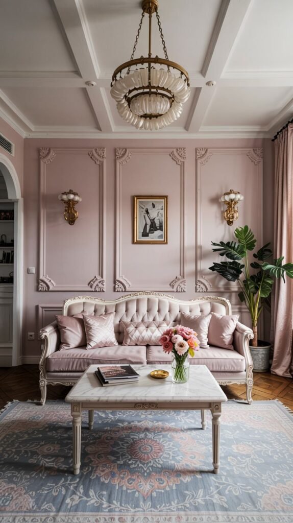 Pastel living room with a pink sofa, marble coffee table, area rug, and decorative moldings.