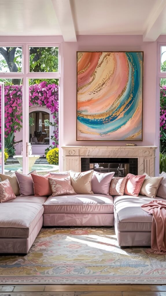Pastel living room with pink walls, a pink sectional sofa, fireplace, large abstract artwork, and tall windows.
