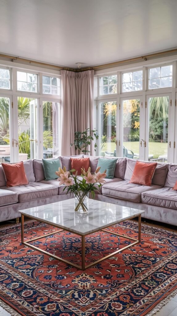 Sunlit pastel living room with a light purple sectional sofa, marble coffee table, large windows, and a red and blue area rug.
