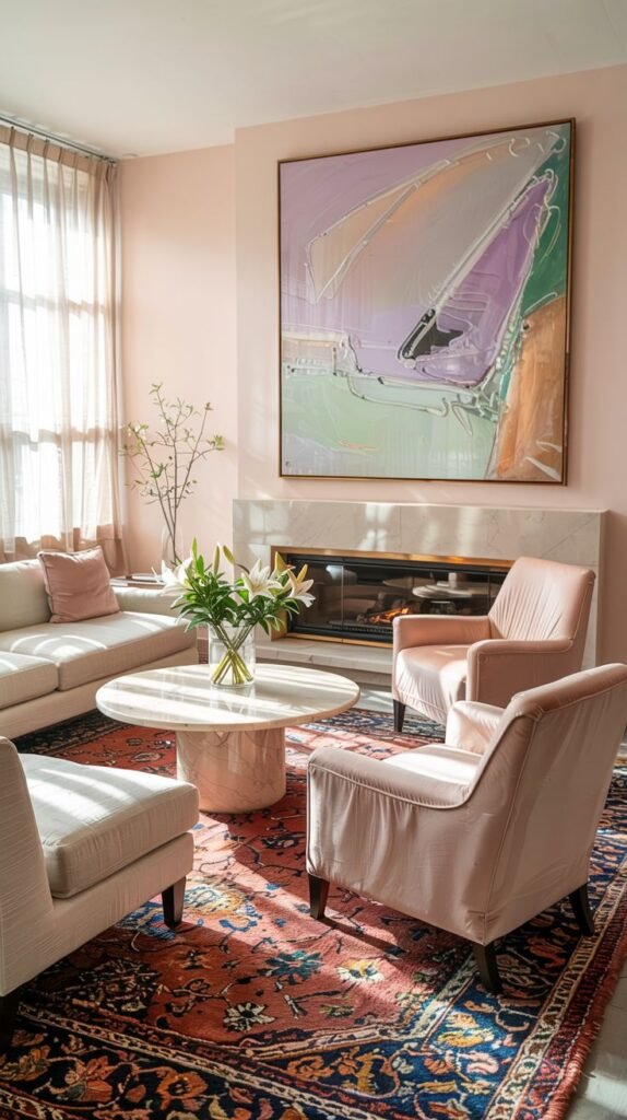 Pastel living room with pink walls, a white sofa, pink armchairs, fireplace, round coffee table, and a red area rug.