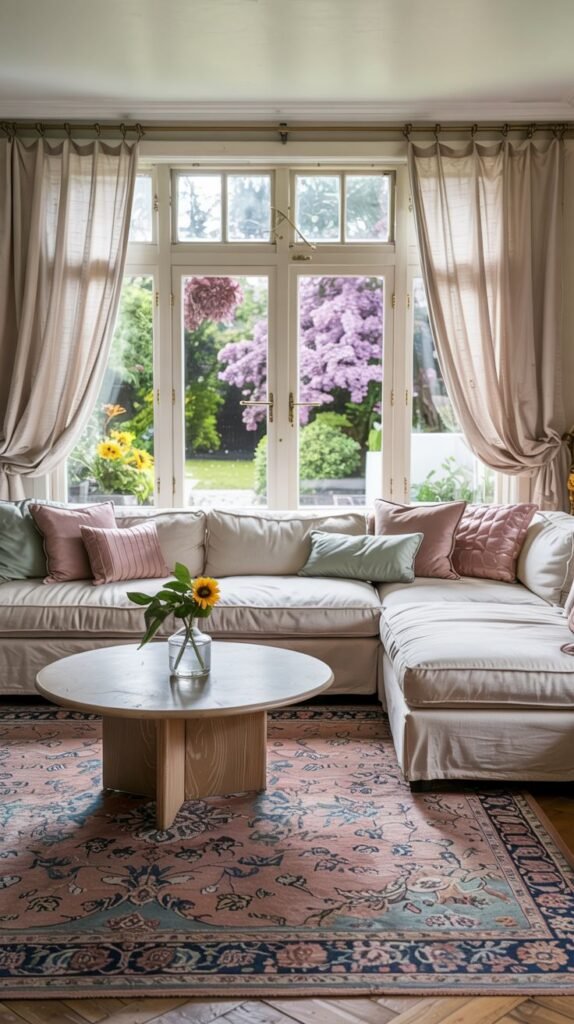 Pastel living room with a white sectional sofa, round wooden coffee table, large window overlooking a garden, and a pastel patterned area rug.