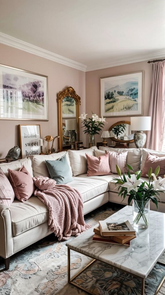 Pastel living room with pink walls, a white sectional sofa, marble coffee table, artwork, mirrors, and a pastel area rug.