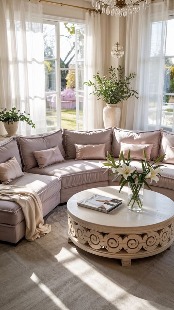 Bright pastel living room with a light pink curved sectional sofa, round ornate coffee table, large windows, and a light-colored area rug.
