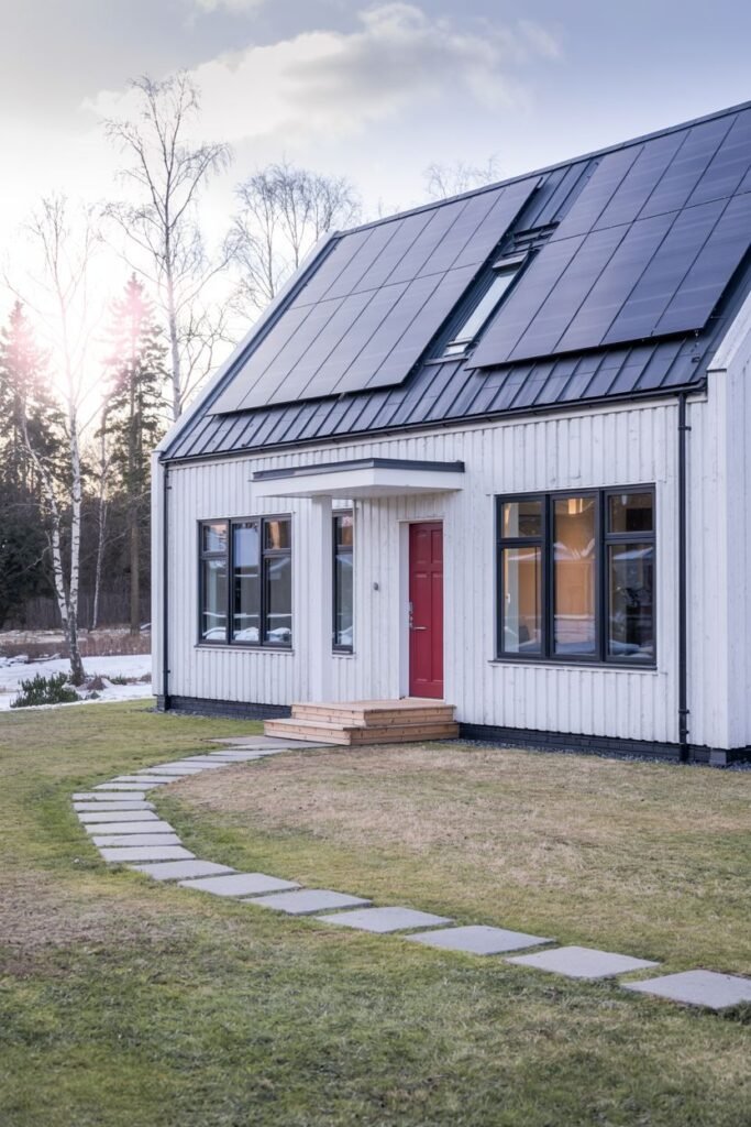 A white vertical-sided Scandinavian house exterior with a dark roof featuring solar panels, a red front door, and a curved path of stepping stones leading to the entrance.