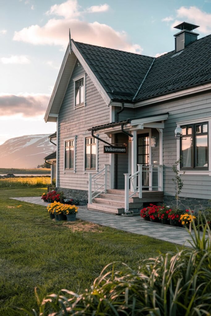 A grey-sided Scandinavian house exterior with a covered porch, white railing, and a "Velkommen" sign near the entrance, with potted colorful flowers and a mountain view in the distance at sunset.