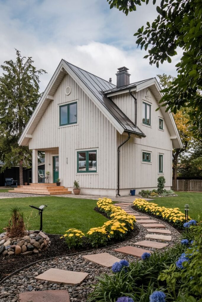 A cheerful white vertical-sided Scandinavian house exterior with green window frames and a curved pathway made of stepping stones, bordered by landscaping with yellow and blue flowers.