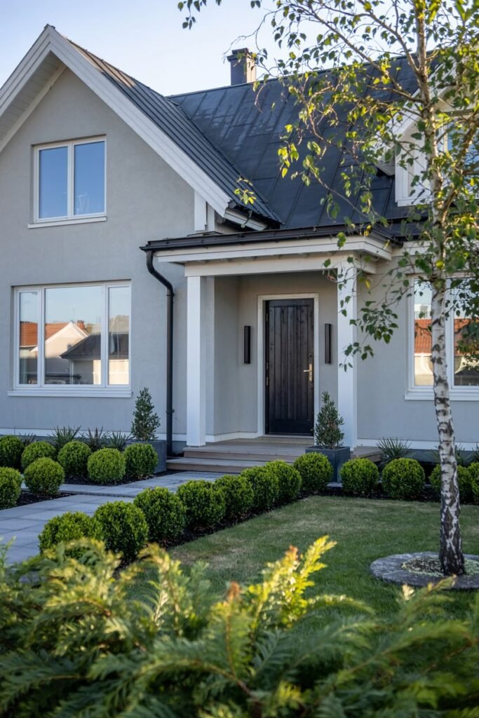 A light grey stucco Scandinavian house exterior with white pillars supporting a covered entrance, featuring formal landscaping with neat rows of round bushes along the pathway.