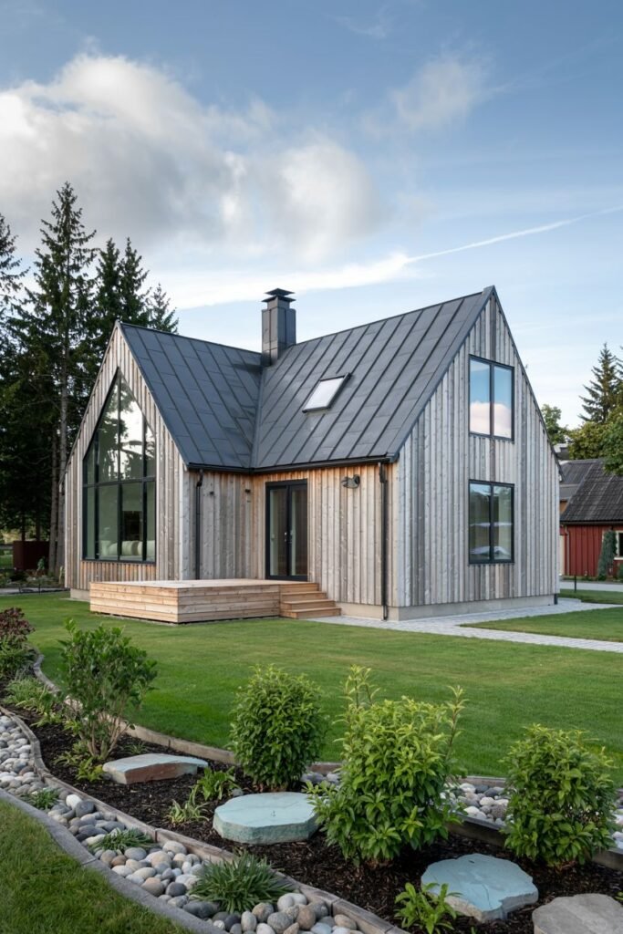 A Scandinavian house exterior with wood siding and a gable roof featuring a large window under the gable, with landscaping that includes a garden bed with stones and low plants along the pathway.