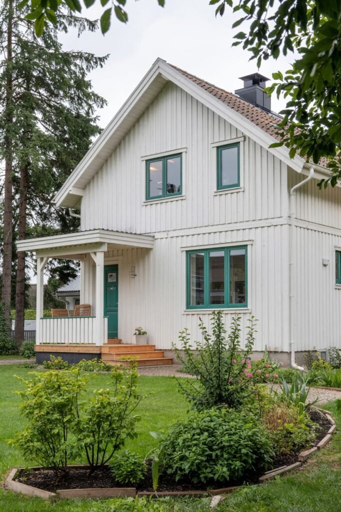 A white vertical-sided Scandinavian house exterior with vibrant green window frames, a covered side porch, and a landscaped garden bed in the front yard.