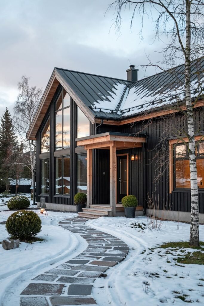 A striking dark-sided Scandinavian house exterior with a steeply angled roof, large angled windows under the gable, and a stone path winding through a snow-covered yard.