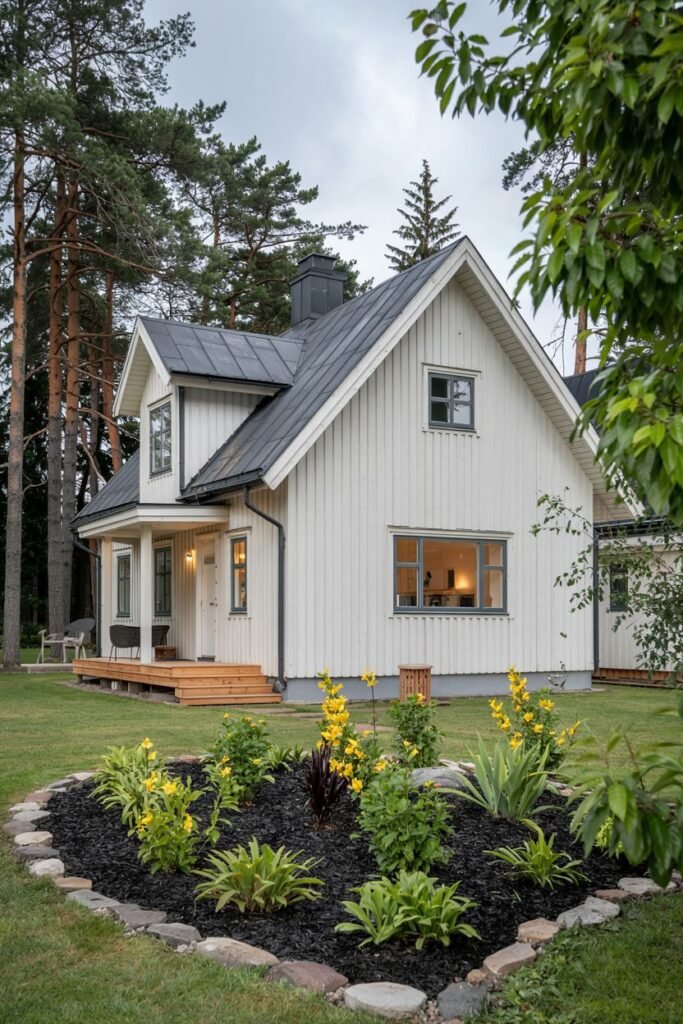 A charming white vertical-sided Scandinavian house exterior with a simple gable roof, a small covered porch, and a landscaped circular garden bed with yellow flowers in the foreground.