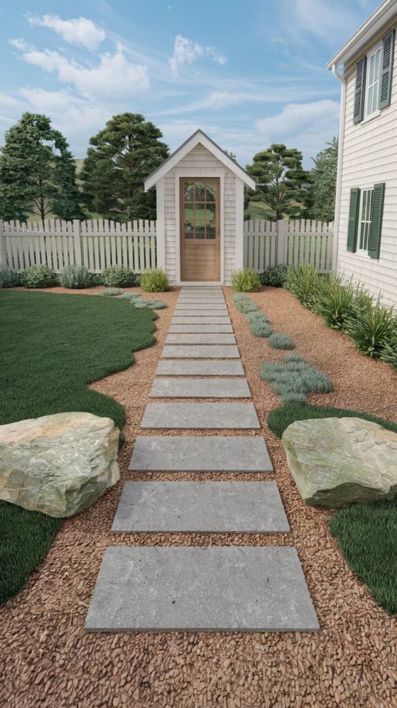 A straight pathway of grey rectangular stepping stones leads across reddish-brown gravel and green grass toward a small white shed with a wooden door. A white picket fence is in the background.