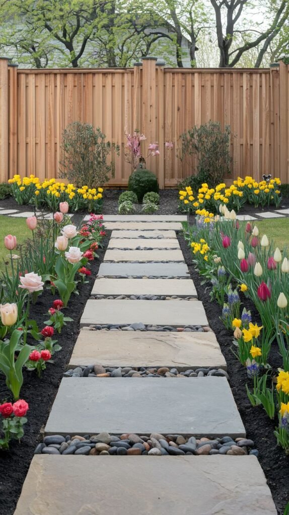 A straight pathway of grey rectangular stepping stones bordered by dark river stones and lined with colorful tulips and daffodils, leading towards a wooden fence.