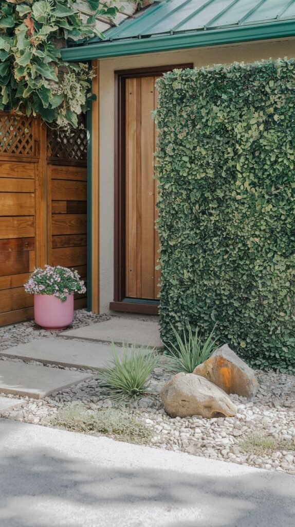 A short pathway of light grey pavers on light gravel leads to a wooden door next to a building wall covered in dense green foliage, with rocks and plants along the path.