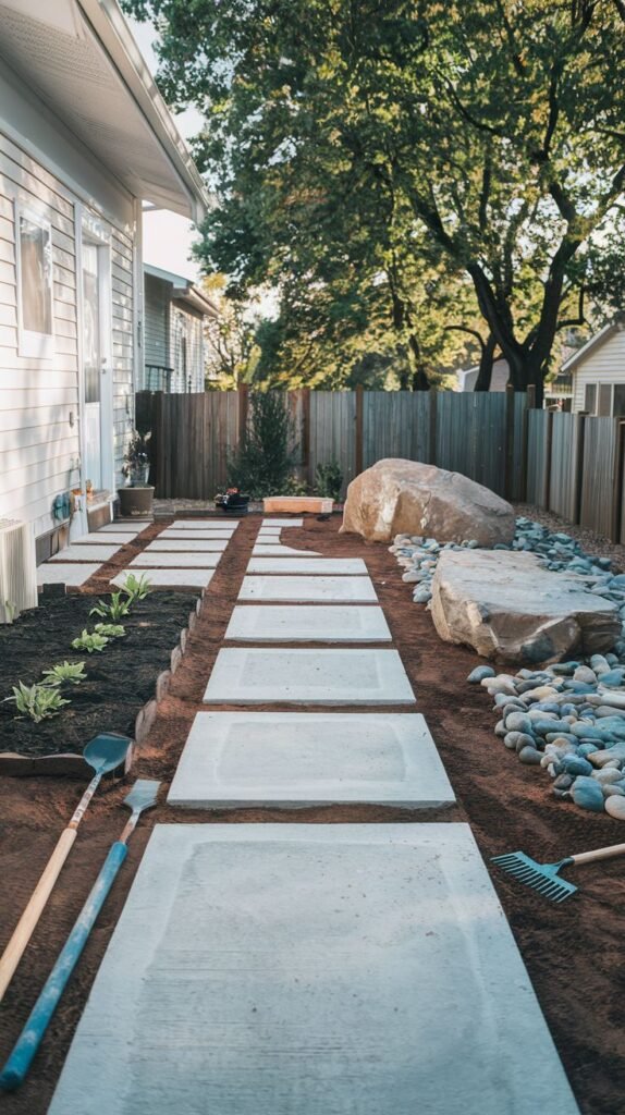 A straight pathway of large grey rectangular pavers on reddish soil runs alongside a house towards a large rock and a bed of river stones, with garden tools in the foreground.