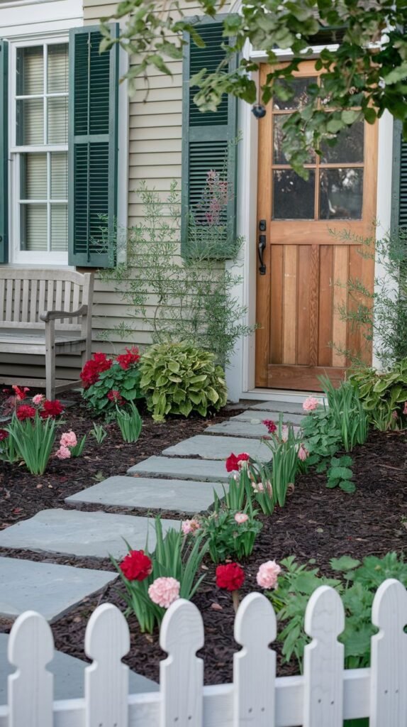 A pathway of irregular grey stepping stones on dark mulch leads towards a wooden door on a house, bordered by red and pink flowering plants, with a white picket fence in the foreground.