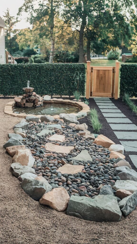 A pathway of grey rectangular stepping stones on light gravel leads to a wooden gate in a green hedge, with a large garden feature featuring a fountain, river stones, and rocks to the side.