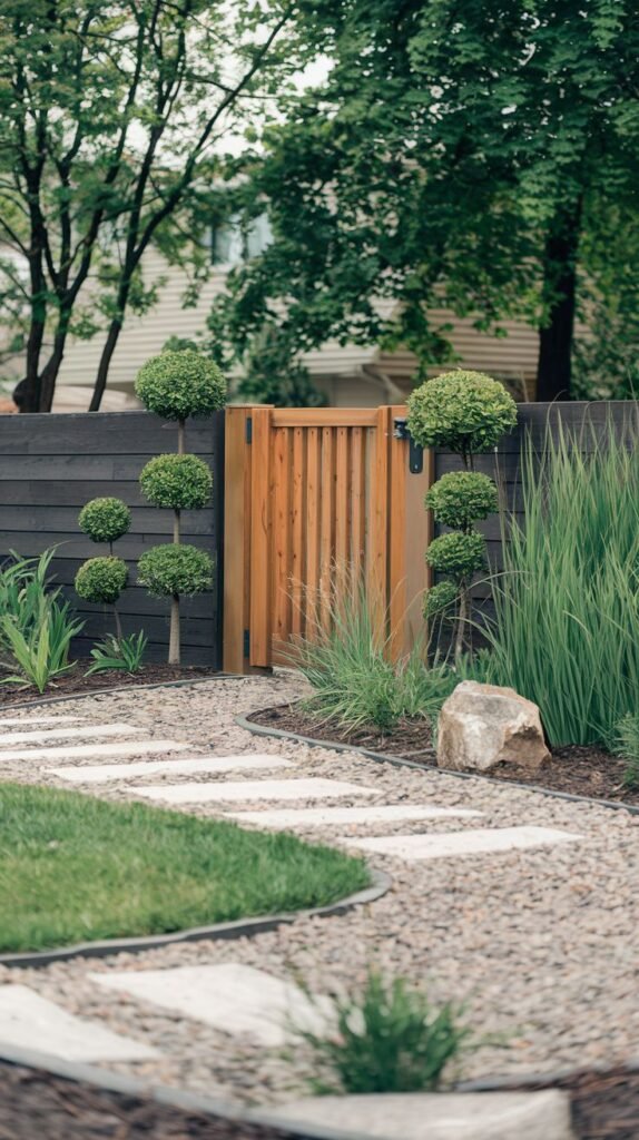 A curved path of irregular grey stepping stones on light gravel with grass to one side. The other side features ornamental grasses and topiaries next to a dark fence and wooden gate, with a large rock nearby.