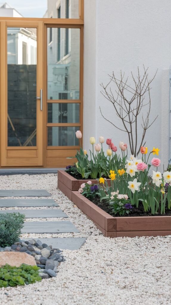 A pathway of grey rectangular stepping stones on white gravel leads to a glass door on a white building, bordered by a raised planter box filled with colorful spring flowers.