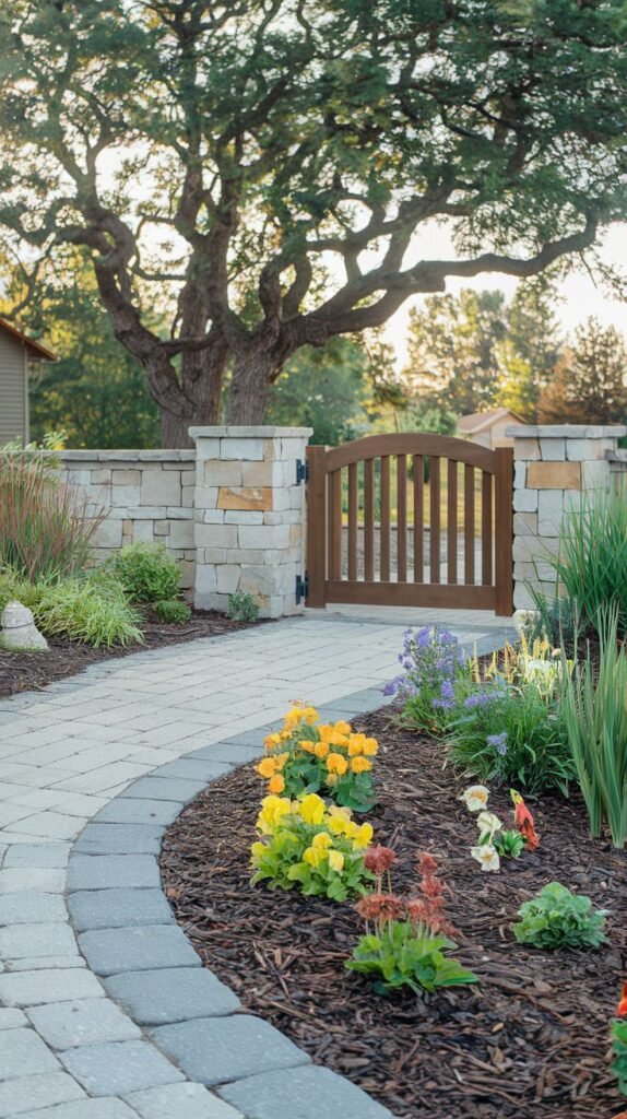 A curved brick paver pathway with a darker edge leads towards a wooden gate in a stone wall, bordered by garden beds with dark mulch and flowering plants, including yellow and purple blooms.