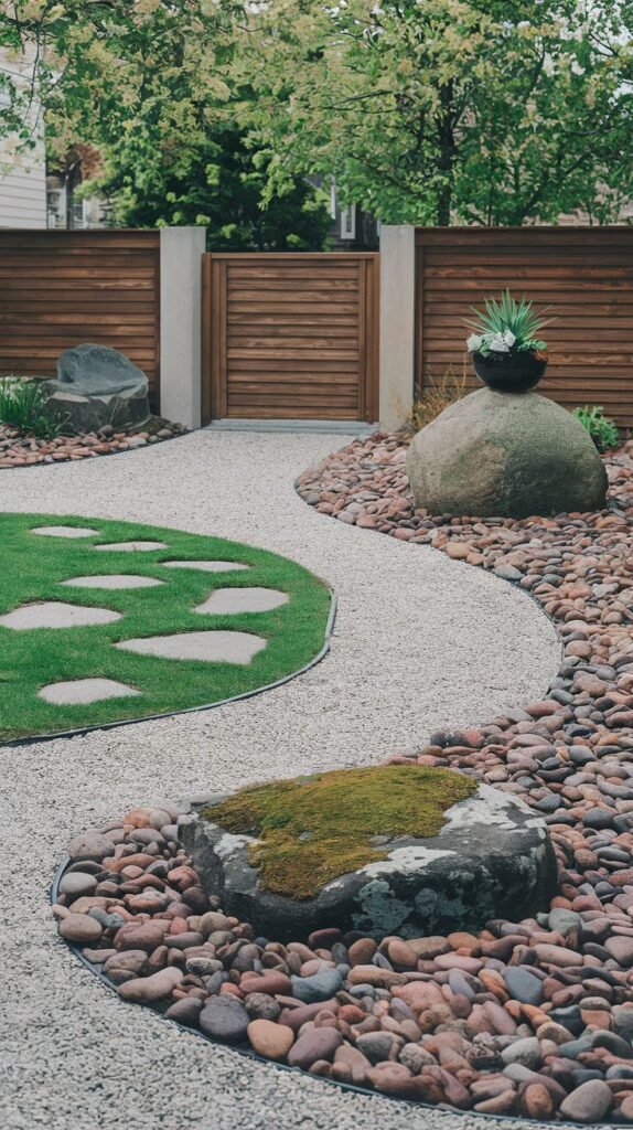 A curved grey gravel pathway with large rocks and red and grey river stones runs through a garden. A patch of grass with stepping stones is to the left, and a wooden gate is in the background.
