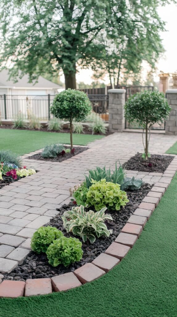 A brick paver pathway with a dark edge leads through a garden with beds of green plants and small topiaries, transitioning to what appears to be artificial turf.
