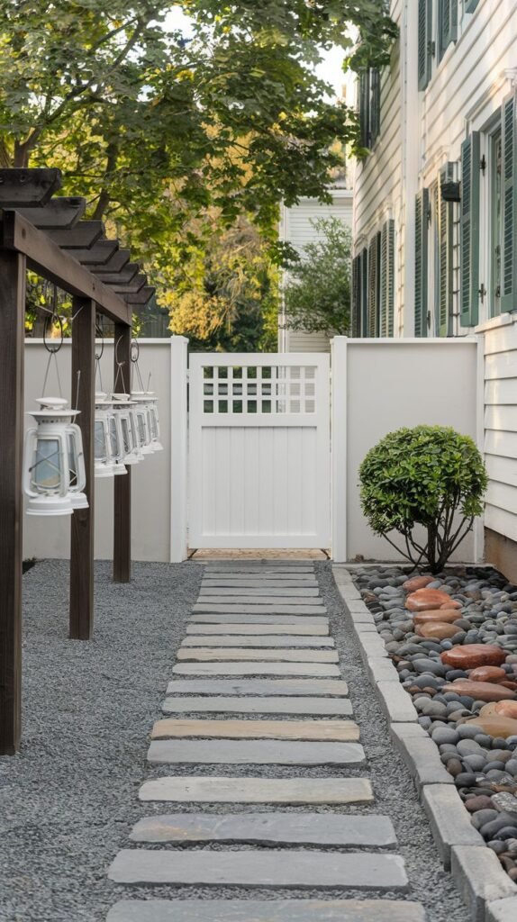 A pathway of grey rectangular stepping stones on dark grey gravel runs under a wooden pergola with lanterns and alongside a garden bed filled with smooth river stones, leading to a white gate in a white fence.
