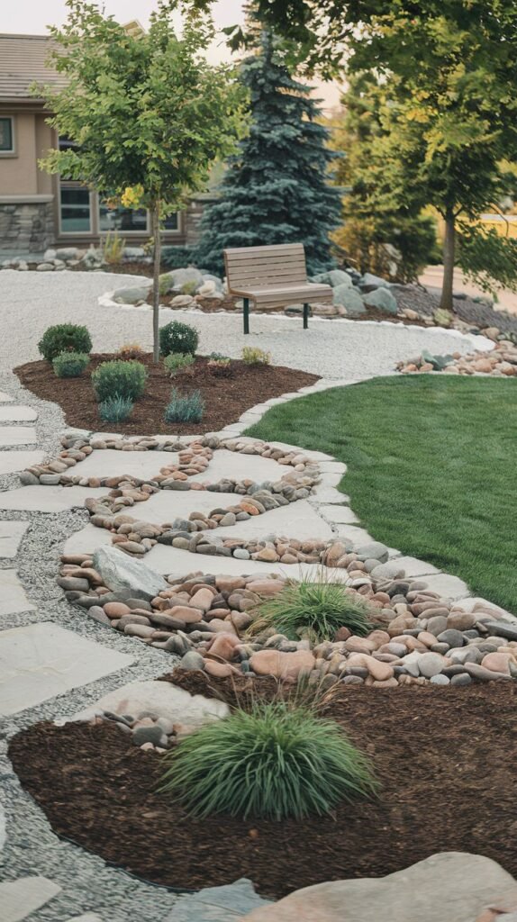 A winding pathway of irregular grey stepping stones on dark mulch, bordered by colorful river stones, curves through a garden landscape with grass, trees, and shrubs. A wooden bench is visible in the background.