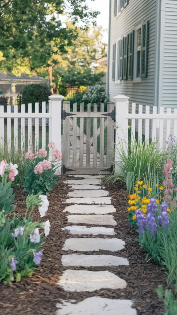 A straight pathway of irregular grey stepping stones on dark mulch leads to a wooden gate in a white picket fence, bordered by colorful pink, yellow, and purple flowering plants.