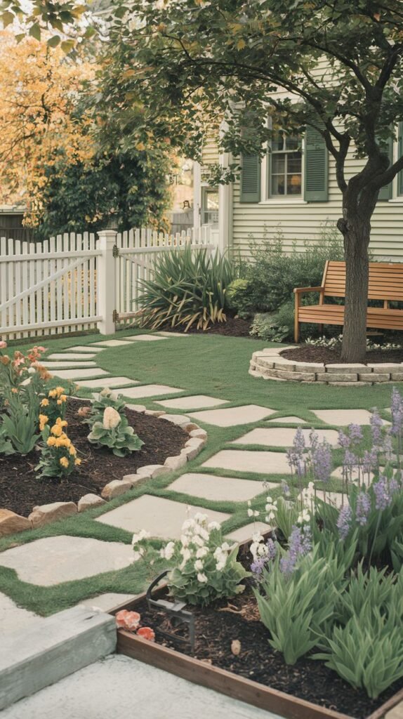 A curved pathway of irregular square stepping stones set in green grass winds through a garden with dark mulch beds and flowering plants. A wooden bench is under a tree near a white picket fence and house.