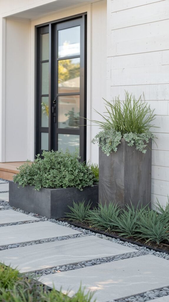 A pathway of grey rectangular stepping stones on grey gravel leads to a dark-framed glass door on a white building, bordered by plants and modern square and rectangular planters.