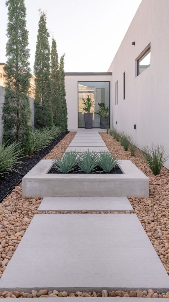 A straight pathway of large rectangular concrete pavers on reddish-brown gravel leads to a building. A raised concrete planter is in the center, and tall narrow evergreen trees line the path in the background.