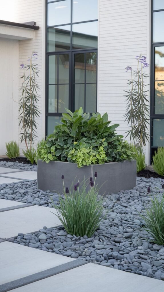 A pathway of large grey rectangular stepping stones on dark grey river stones leads to a modern white building. A large square concrete planter in the center contains green plants, and low plants border the path.