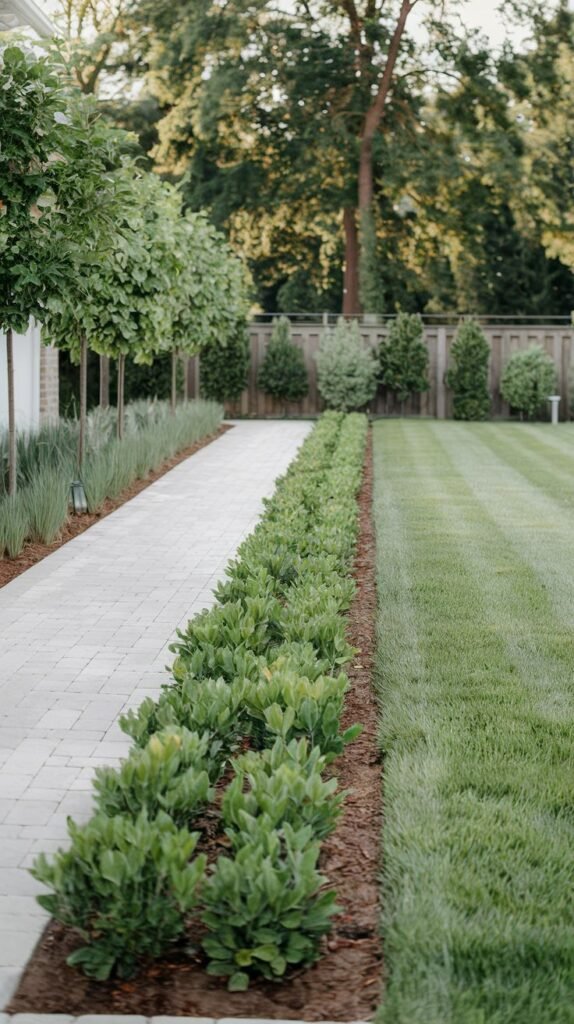 A straight grey paver pathway runs alongside a manicured lawn, bordered by a row of clipped green shrubs set in dark mulch. Tall trees line the background.