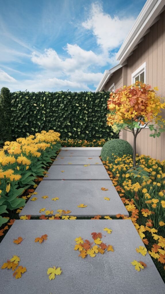 A wide, straight pathway of grey rectangular pavers is bordered by yellow flowers and green plants, with autumn leaves scattered on the path, leading towards a tan house with a hedge behind it.