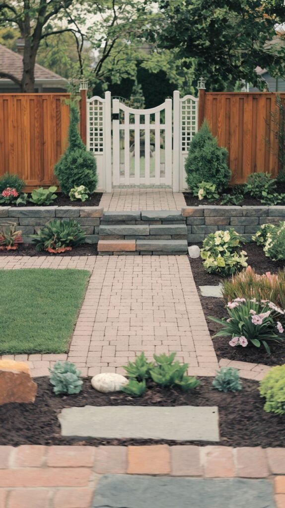 A brick paver pathway with stone steps leads through garden beds with shrubs and small trees, towards a white arched gate in a wooden fence.