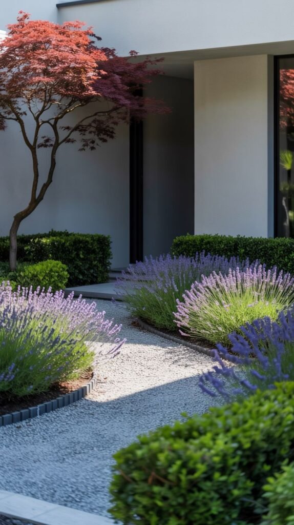 A curved grey gravel pathway winds between beds of purple lavender and green hedges towards a modern building, with a red-leaved Japanese maple tree nearby.