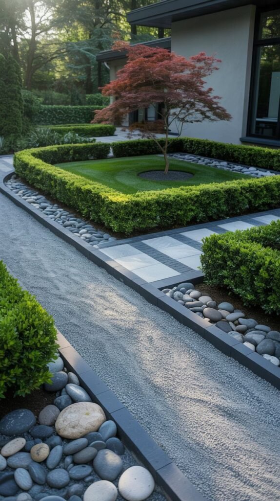 A garden with a curved grey gravel path bordered by dark edging and grey river stones. A central grass area with a red-leaved Japanese maple is surrounded by a clipped green hedge and grey pavers.