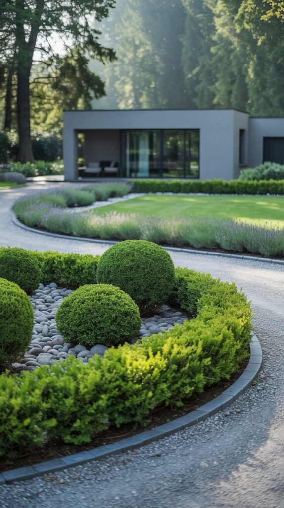 A wide, curved grey gravel driveway or path is bordered by rounded clipped green shrubs in a stone and hedge-lined bed, with a modern building and lawn visible in the background.