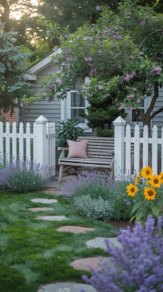 A winding pathway of irregular stone stepping stones is set in grass and bordered by purple lavender and yellow sunflowers. A white picket fence and a wooden bench under a flowering tree are in the background.