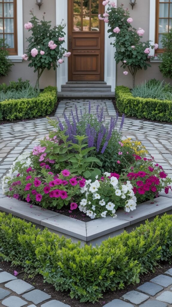 A circular paved area of grey cobblestones features a square raised garden bed filled with colorful pink, white, and purple flowers, surrounded by green hedges. Steps lead to a door framed by rose bushes.