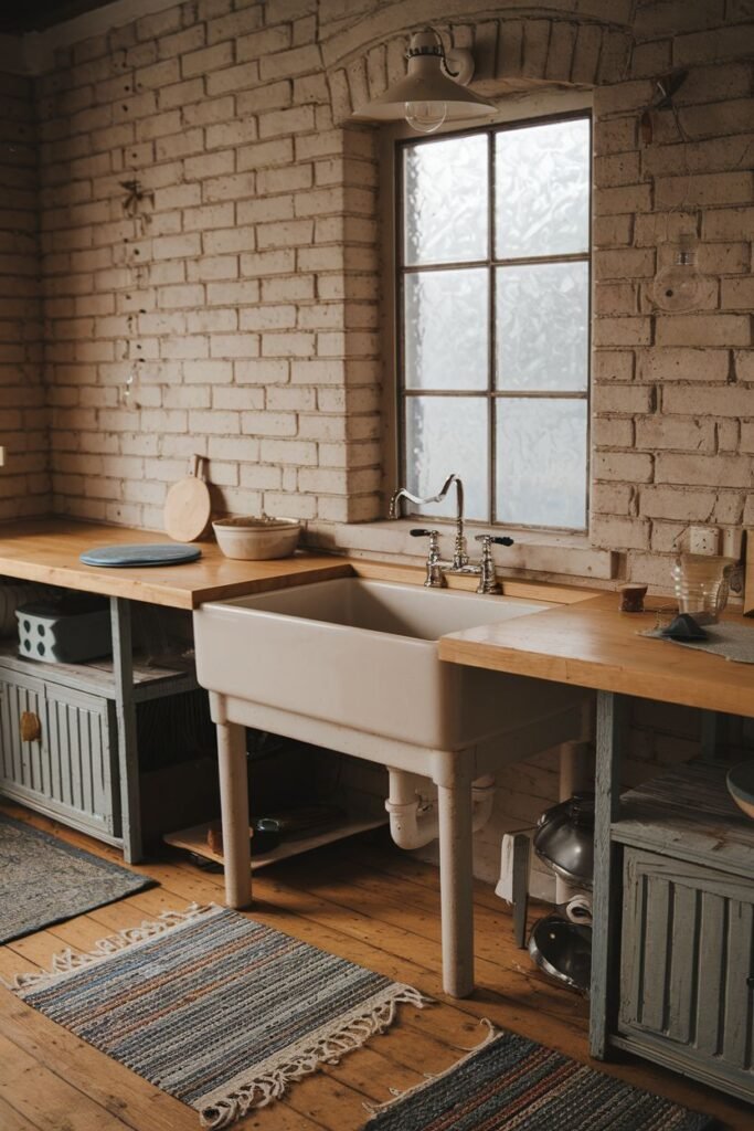 Classic farmhouse sink with visible legs, wood countertops, exposed brick, and striped rugs on a wood floor.