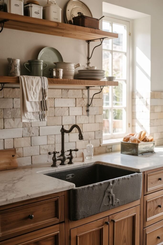 Rustic farmhouse sink with a dark metal basin and decorative molding, set in a marble countertop.