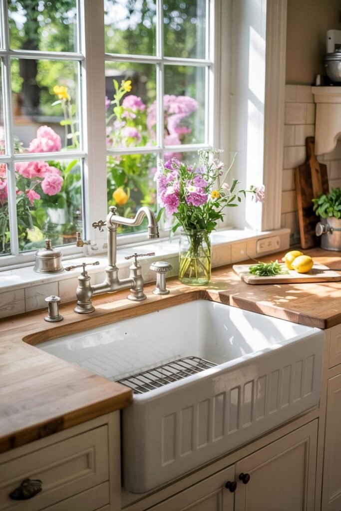 Bright white ribbed farmhouse sink set into a wooden countertop with a garden view from the window.