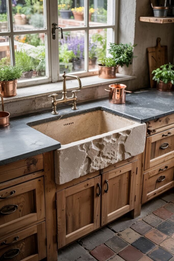 Natural stone farmhouse sink with rough texture, set in a dark countertop with rustic wooden cabinets and tiled floor.