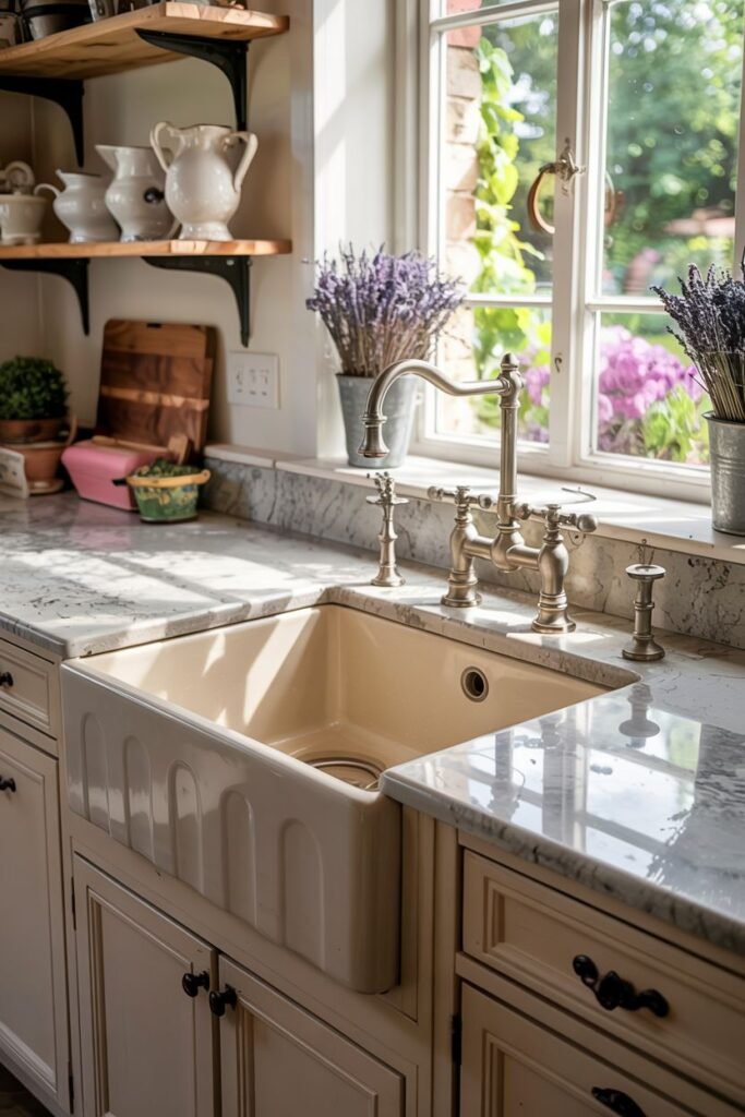 Cream colored ribbed farmhouse sink on a white marble countertop with light-colored cabinets and open shelving.