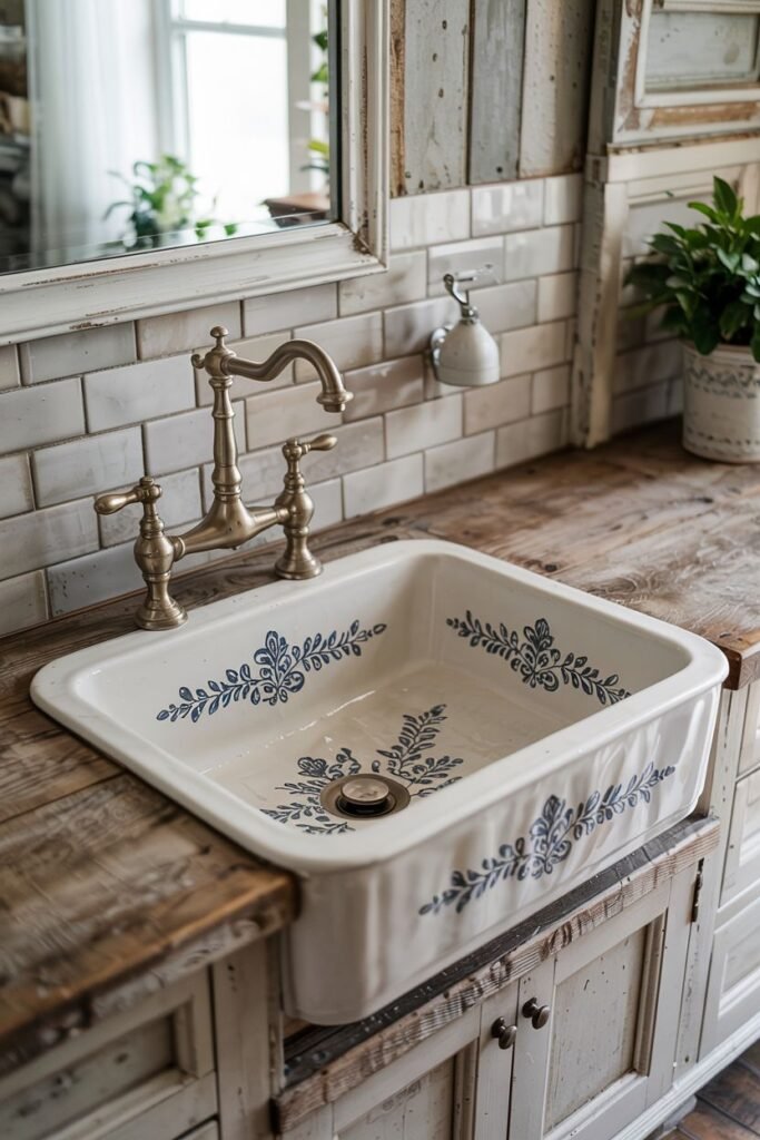 Decorative painted white farmhouse sink with blue leaf pattern, set in a rustic wooden countertop.