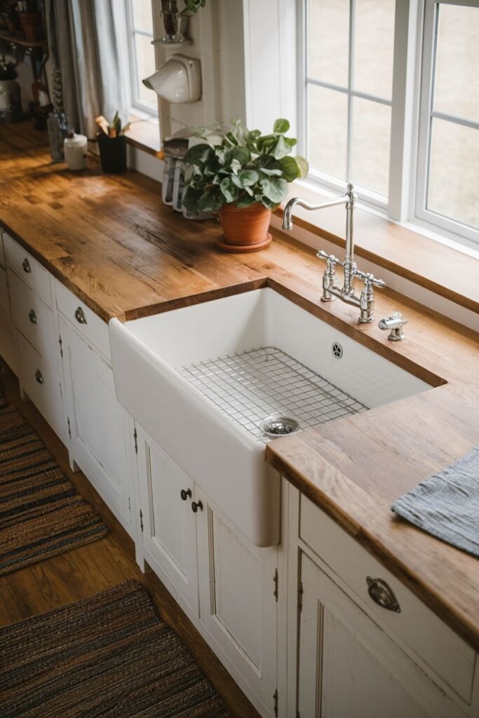 White farmhouse sink with a grid insert and butcher block countertop in a kitchen with white cabinets.